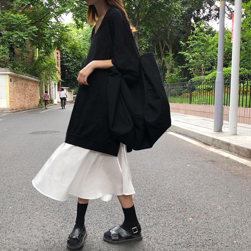 重ね着風ワンピース 半袖ワンピース tシャツワンピ レディースファッションフェイクレイヤード風ワンピース 黒白切り替え ドッキングワンピースゆったりとしたシルエットで夏にも楽チン♪きれいめ ガーリー 
